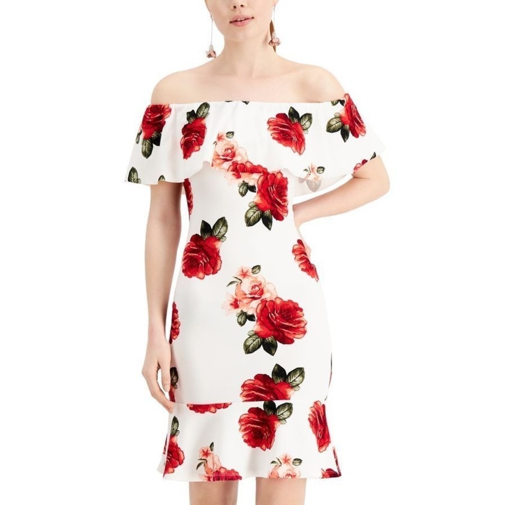 Almost Famous Off-the-Shoulder Dress Women's Size Small Cream Floral Party NWT